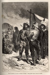 Typen pioniers, ossenhoeders en indianen van Benton (Montana), gravure naar de tekening van Emile Bayard, ter illustratie van de reis van Washington naar San Francisco, in 1868, door L. Simonin, gepubliceerd in 