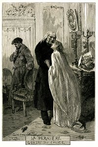 Victor Hugo "Les Misérables", "De laatste slok van de kelk". Illustratie door Emile Bayard. De voormalige dwangarbeider Jean Valjean werd oud met Cosette en Marius. Gravure van de editie Ollendorff 1906 door Emile Antoine Bayard
