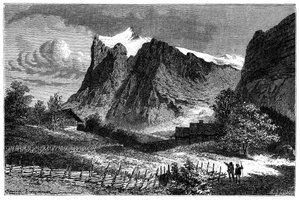 Uitzicht op de Zwitserse Alpen. Illustratie door Emile Bayard voor het boek Les Montagnes van Albert Dupaigne, editie Mame 1881.