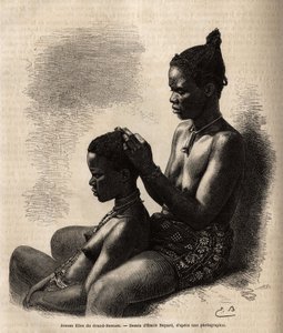 Jonge meisjes van Grand-Bassam (voormalige hoofdstad van Ivoorkust), zichzelf kappend, gravure naar de tekening van Emile Bayard, illustrerend de reis naar de Afrikaanse kust in 1868, door vice-admiraal Fleuriot de Langles, gepubliceerd in "Le tour du mond door Emile Antoine Bayard