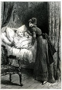 Jonge vrouw die voor een oude man zorgt die sterft in zijn bed onder een crucifix aan de muur. De stervende man houdt zijn laatste aanbevelingen (testament) in de hand. Gravure door Emile Bayard ter illustratie van Jules Sandeau