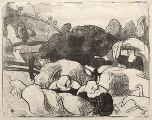Les Bretonneries: Bretonse Vrouwen die Hooibergen Maken (Bretonnes Faisant les Foins) door Emile Bernard