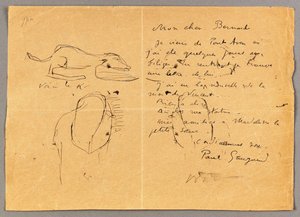 Brief aan Emile Bernard met drie inkttekeningen, waarin het overlijden van "Vincent" wordt vermeld, Tahiti, 1890s