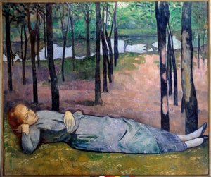 Madeleine (1871 - 1895) in het bos van liefde. Portret van een angstaanjagende vrouw liggend in een bos door Emile Bernard