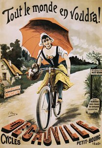 Vintage poster van vrouw die fiets rijdt met rode paraplu
