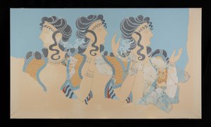 Schilderij van de gerestaureerde Dames in Blauw Fresco uit het Paleis van Minos in Knossos (Evans Fresco Drawing O/7) door Emile Gilliéron
