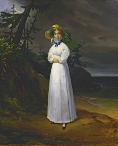 Jong meisje in een romantisch landschap, 1825 door Emile Jean Horace Vernet