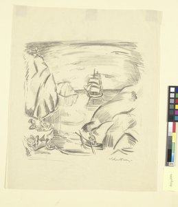 Een baai met zeilschip en badende vrouwen door Emile Othon Friesz