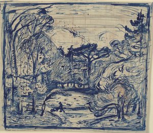 Bosinterieur met houthakker. La Côte de Grâce, Honfleur. door Emile Othon Friesz