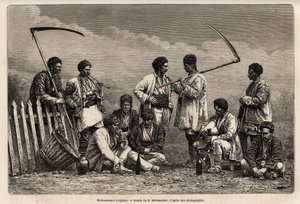De Bulgaarse oogsters tijdens hun pauze, met hun zeis en de voorwerpen van hun dagelijkse arbeid: pijp, fles wijn en een soort doedelzak, gravure naar de tekening van E. Metzmacher, ter illustratie van de reis naar Bulgarije, door Guillaume Lejean, 18
