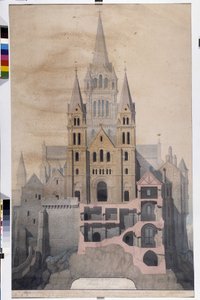 Gotische architectuur: gevel van de kerk en doorsnede van abdijhuizen. Tekening van het Gemeentemuseum van Avranches (Manche)