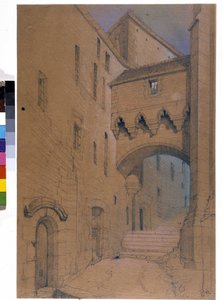 Het begin van de grote graad en de versterkte brug. Mont Saint Michel. Tekening door Emile Sagot. Gemeentemuseum van Avranches (Manche)