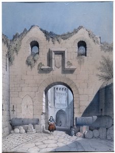 Uitzicht op de boulevardpoort. Mont Saint Michel. Tekening door Emile Sagot Musee Municipal d