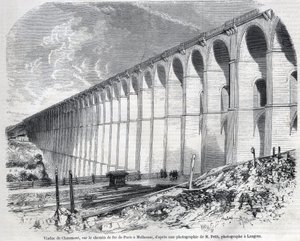 Chaumont Viaduct op de spoorlijn van Parijs naar Mulhouse. Gravure naar schets van Ralph in 