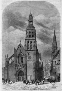Buitenaanzicht van de kerk van Saint Martin (15e-16e eeuw) van Vendôme, Loir-et-Cher (41), voor de sloop in 1857. Gravure door Therond in 