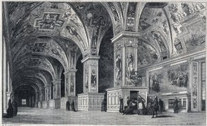Interieur van de Vaticaanse bibliotheek in de 18e eeuw. Gravure door Therond naar een tekening van Francois Pannini