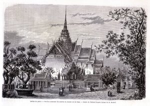 Paleistuin. Paviljoen met de as van de laatste koning van Siam. Tekening door Thérond uit het album van M. Mouhot. 