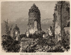 De ruïnes overgenomen door de vegetatie van de jungle, in Ajuthia (Thailand), tekening door Therond, ter illustratie van de reis door de koninkrijken Siam, Cambodja en Laos, van 1858 tot 1861, door Henri Mouhot. Gravure in 