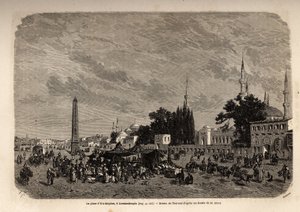 Het plein van Ett Meydan, Constantinopel. Illustratie van de studie over Turkse vrouwen in 1862 door F. Jerusalemy. Gravure in 