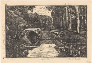 Brug over een gracht in een bos