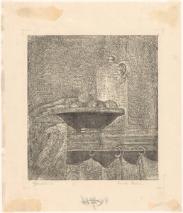 Stilleven met kruik en fruitschaal door Emilius Wilhelmus Dehé (signed by artist)