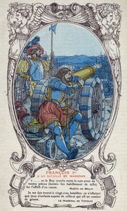 De koning van Frankrijk François I bij de Slag bij Marignano op 13 en 14 september 1515. Gravure van 1914 door Emmanuel Blanche. Privécollectie