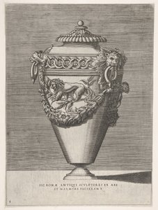 Antieke urn met deksel versierd met een motief van diamanten ringen en leeuwen, uit Vazen ..., 1543 of later