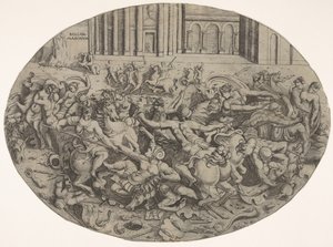 Gevecht tussen Amazonen en mannen voor architecturale arcades, een ovale compositie door Enea Vico