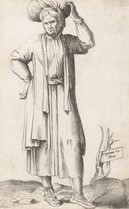 Kostuumplaat: Hispania Rustica met wasgoed op het hoofd, ca. 1557-58