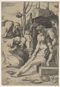 Graflegging van Christus, wiens borst wordt vastgegrepen door Jozef van Arimathea, met twee knielende, 1543 door Enea Vico