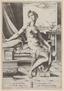 Lucretia naakt en zittend voor een raam, een dolk in haar rechterhand en houdend