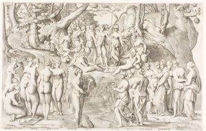 Het Geschil tussen de Muzen en de Dochters van Pierios op Parnassus door Enea Vico