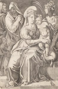 De Heilige Familie met St. Anna en St. Catharina door Enea Vico