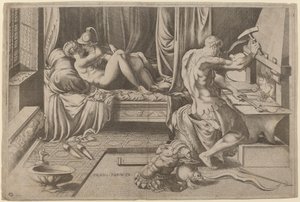 Venus en Mars Omhelzen met Vulcanus bij zijn Smidse door Enea Vico after Parmigianino