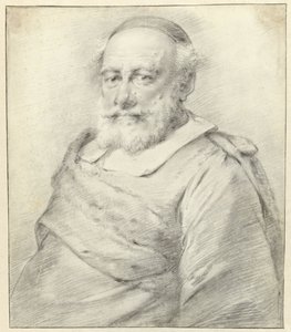 Portret van een man met witte baard en kapje op het hoofd, naar links