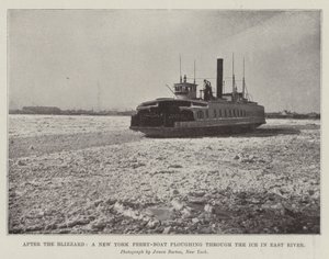 Na de sneeuwstorm, een veerboot van New York ploegt door het ijs in de East River door English Photographer
