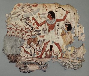 Een Egyptische officier, vergezeld door zijn vrouw en dochter, op jacht in een moeras vol watervogels en vissen