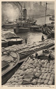 Boten en schuiten in de drukke dokken van de haven van Londen