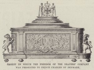 Kist waarin de vrijheid van de Drapers Company werd gepresenteerd aan prins Charles van Denemarken door English Photographer