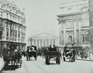 Van Queen Victoria Street naar Mansion House Street met Royal Exchange, City of London, 1895