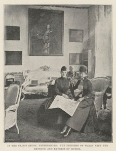 In de studeerkamer van de tsaar, Fredensborg, de prinses van Wales met de keizer en keizerin van Rusland door English Photographer
