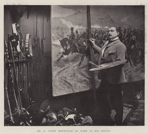 De heer R Caton Woodville aan het werk in zijn studio