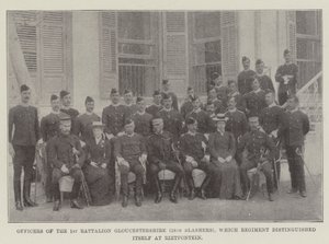Officieren van het 1e Bataljon Gloucestershire (28th Slashers), welk Regiment zich onderscheidde bij Rietfontein