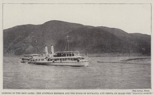 Opening van de IJzeren Poorten, de Oostenrijkse keizer en de koningen van Roemenië en Servië aan boord van de Francis Joseph
