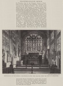 Restauratie van de kerk, Stratford-on-Avon, het koor, met het graf van Shakespeare