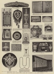 Enkele van de diamanten jubileumgeschenken van de koningin die nu tentoongesteld zijn in het Imperial Institute