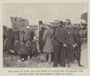 De Hertog van York en de Hertog van Connaught die de Winnende Schot voor de Koninginnenprijs bij Bisley bekijken
