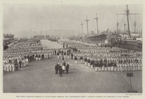 De vroege ochtendparade van matrozen die het Portsmouth Depot vormen, kapitein Hammet en officieren in het midden