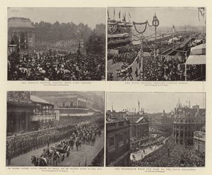 De Buitenlandse Prinsen die Hyde Park Corner Passeren, Sir Wilfrid Laurier, GCMG, Premier van Canada, en Koloniale Begeleiding in Pall Mall, de Marinebrigade die de London Bridge Oversteekt, de Processie vanaf het Dak van de door English Photographer