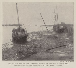 De storm in het Bristol Kanaal, schade aan de haven van Watchet en de gestrande schepen Josephine en Mary Lauder door English Photographer